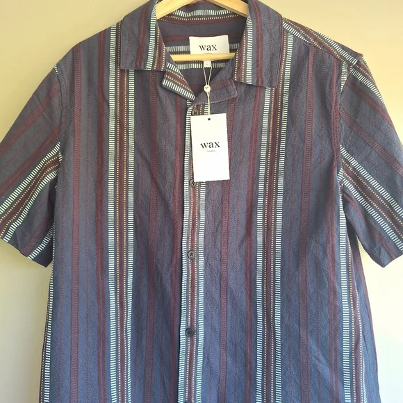 Wax London Men's Navy Dobby Striped Didcot Shirt L 100% Organic cotton NEW